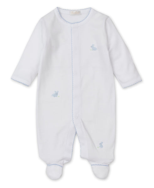 A white Kissy Kissy Bunny Burrows Footie with blue hand-embroidered details, made from Pima cotton.