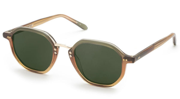 A pair of Krewe Dakota sunglasses with green lenses and UVA and UVB protection on a white background.