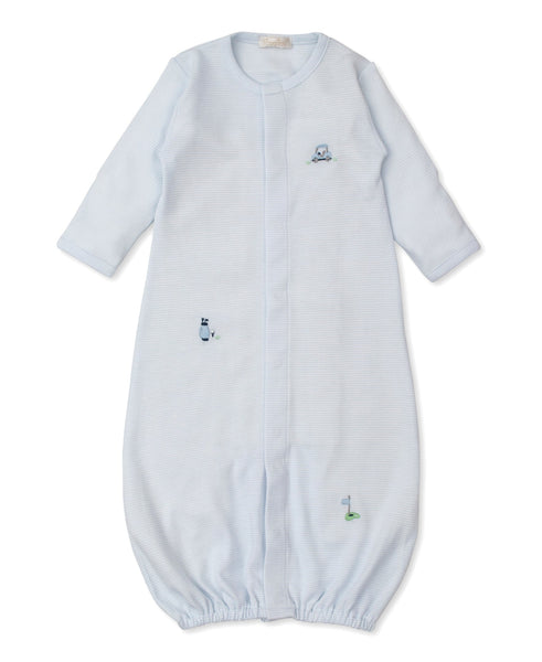 A baby boy's blue sleepsuit made of Pima Cotton from Peru with embroidered appliques by Kissy Kissy.