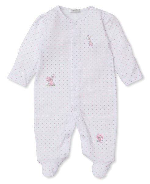 Baby's Kissy Kissy Gingham Jungle Polka Dot Footie with pink embroidery designs displayed on a white background.