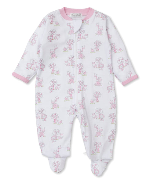 A pink baby onesie with a pattern of white elephants, crafted from Pima cotton, displayed flat on a white background.