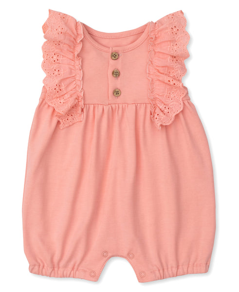 A baby girl's Kissy Kissy Pink Short Playsuit romper with ruffles and buttons.