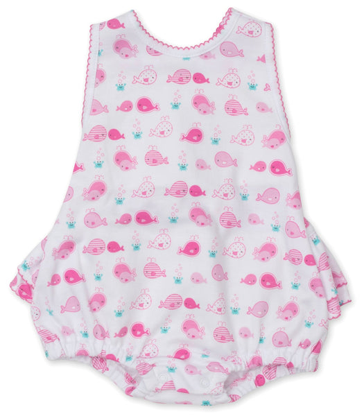 A baby girl's white Pima cotton romper with Kissy Kissy Whale Watch Printed Bubble.