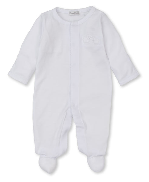 A white baby sleepsuit made of cozy Pima cotton with an embroidered Kissy Kissy Sweet Sheep logo.