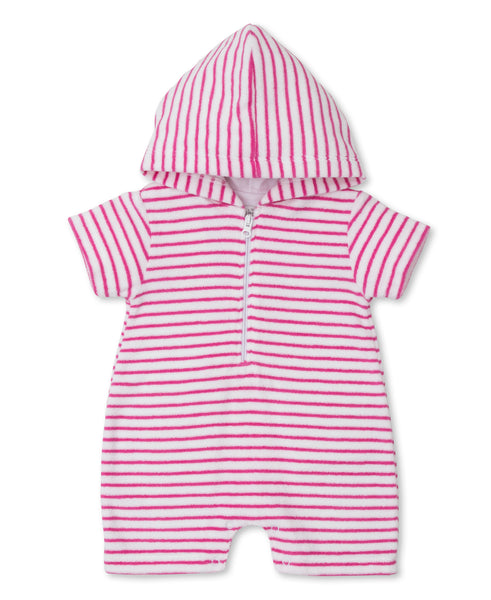Pink and white striped hooded Kissy Kissy Sea Life Fun Terry Romper made of Pima cotton, displayed on a white background.