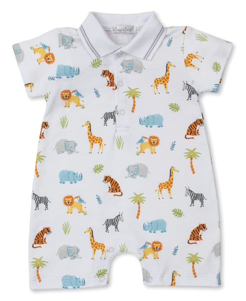 Kissy Kissy Tropical Jungle Short Playsuit with colorful animal print, featuring elephants, giraffes, tigers, and zebras, crafted from Pima cotton, displayed on a plain background.