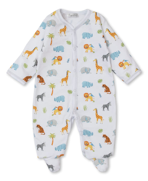 White Kissy Kissy Tropical Jungle Print Footie crafted from Pima cotton, featuring a colorful jungle animals print with giraffes, elephants, and tigers, displayed flat against a white background.