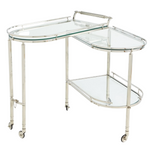 The Global Views Gallery Folding Bar Cart features two glass tiers, a chrome finish, an asymmetrical oval design, wheels for mobility, and a sleek metal frame.