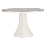 The Keenan Bone Dining Table by Highland House is a round, light-toned table featuring a herringbone-patterned base and tabletop, shown on a white background.