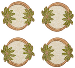 The Oasis Coasters Set by Kim Seybert includes four identical round beaded coasters with tropical designs featuring two green leaves, perfect for cocktail parties. Displayed on a plain white background.