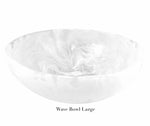 A large, round white bowl with a marbled pattern from the White Resin Serveware Collection by Nashi Home—an elegant piece for stylish home decor. Labeled "Wave Bowl Large" underneath.