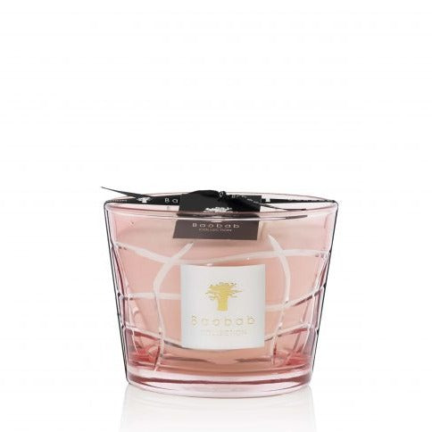 A Baobab Collection Waves Malibu scented decorative candle in a clear glass holder with a pinkish candle, featuring the Baobab logo on the front.