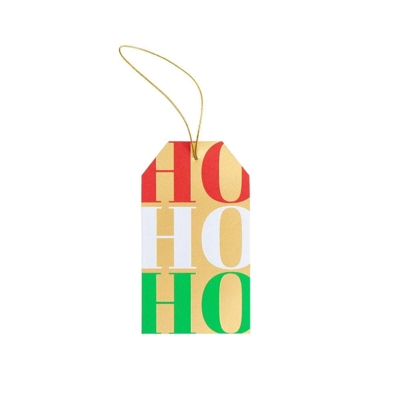 The Caspari Ho Ho Ho Gift Tag Set includes rectangular tags with gold strings, featuring "HO HO HO" in red, white, and green on a gold background—ideal for adding festive flair to your ornaments.