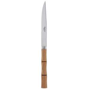 The Sabre Bamboo Steak Knife features a narrow stainless steel blade and a wooden handle with an elegant bamboo design, perfect for precise slicing.