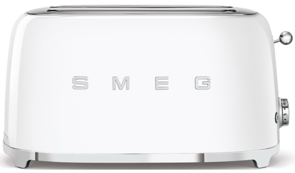 A white Smeg 4-Slice Toaster Collection artisanal bread toaster with two slots.