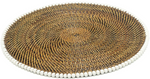 The Calaisio Round Placemat features a handcrafted spiral design in brown tones, made from natural vines and accented with evenly spaced small white beads along the edge.