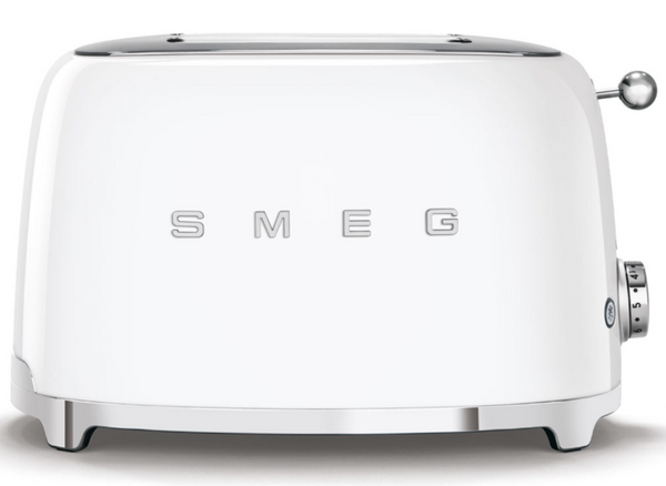 A Smeg 2-Slice Toaster Collection with wide slots and a steel body, featuring the word "Smeg.