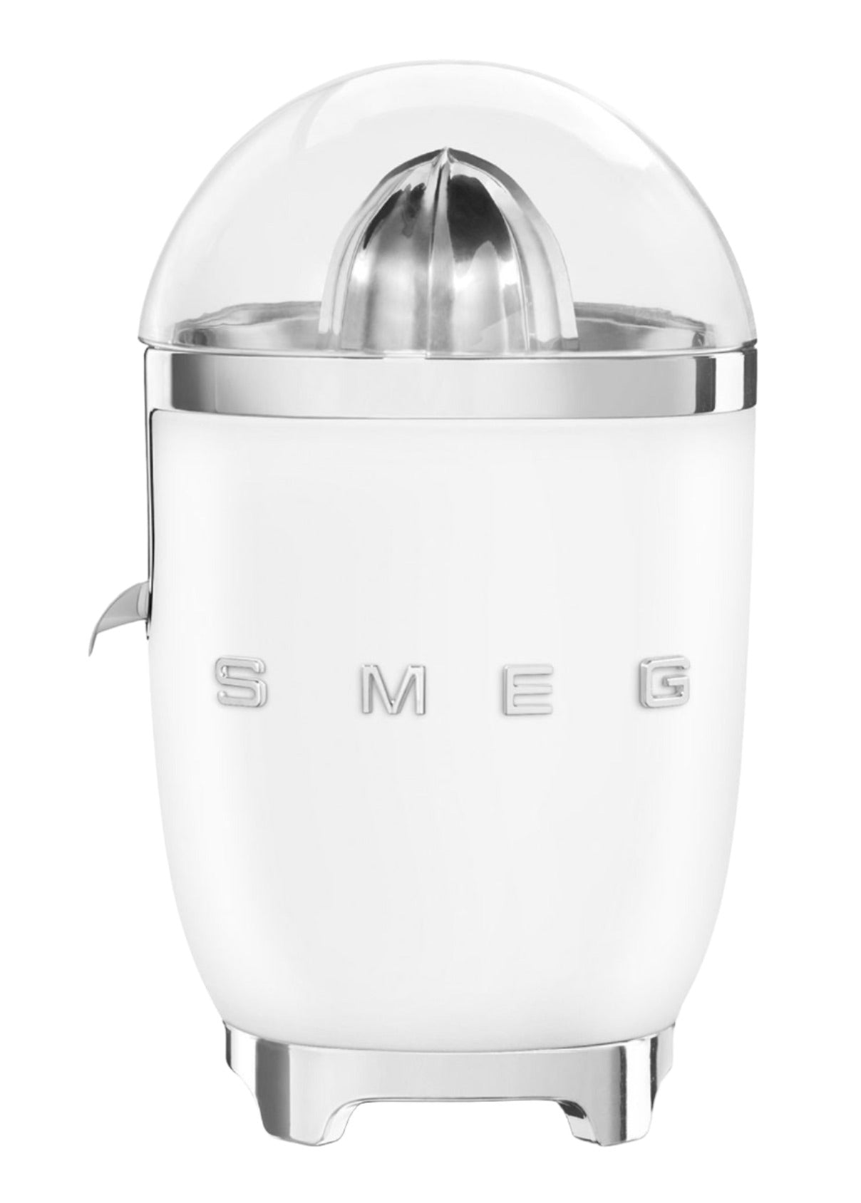 The Smeg Citrus Juicer Collection features a powerful 70W motor, non-drip spout, transparent dome lid, and metallic accents, showcased against a plain background.