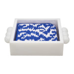 The Tizo Design Acrylic Napkin Holders with Bubble Handles display folded blue and white patterned napkins, bringing a modern touch to your table decor.