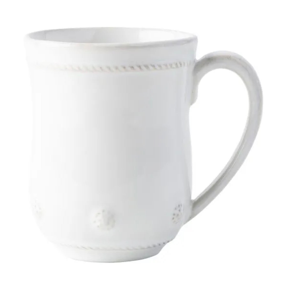 A plain white ceramic mug with a curved handle and subtle decorative details from the Juliska Berry & Thread Classic Whitewash Dinnerware Collection, shown against a white background.
