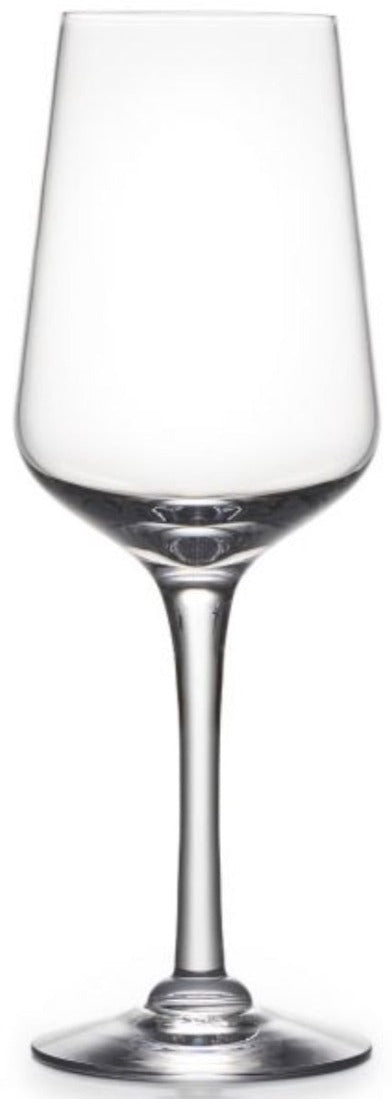 A clear, handblown wine glass from the Vintner Drinkware Collection by Simon Pearce, featuring a tall stem and wide base, is shown empty against a plain white background.