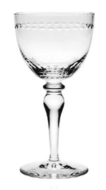 The Claire Collection by William Yeoward Crystal features handmade, clear glasses with wide bowls and rim patterns—ideal as stylish tableware or elegant bridal glasses, photographed against a white background.
