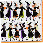 Witches Conga Line by Caspari: Women dressed as witches with pumpkins and a broomstick dance under stars—an enchanting illustration, ideal for Caspari napkins printed in Germany.