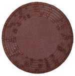 The Kim Seybert Wood Matrix Placemat features a round brown design with handcrafted geometric patterns made from wooden beads along the edges, creating an artisanal beaded texture.