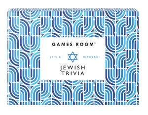 Box of "Jewish Trivia" by Chronicle Books, featuring a blue geometric pattern with a Star of David at the center. Explore Jewish life through engaging multiple-choice questions that make learning both fun and interactive.
