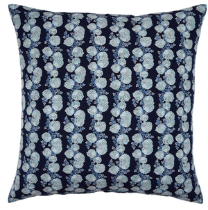 The Mahin Indigo Euro Pillow by John Robshaw features light blue floral clusters in various shades, evenly distributed over a navy background for a harmonious look.