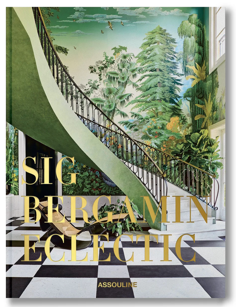 The book cover of "Sig Bergamin Eclectic" by Assouline highlights Bergamin's creative design with a grand staircase, tropical mural, and black-and-white checkered floor, embodying eclectic interiors.