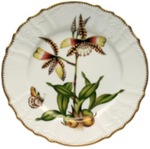 The Anna Weatherley Orchid IV Dinnerware Collection features a white porcelain dinner plate with a gold rim, adorned with hand-painted green leaves, yellow flowers, and a butterfly in signature botanical style.