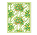 Caspari’s Citrus Topiaries Bridge Collection features vibrant illustrations of orange and lemon trees on a light green lattice, bordered in green—ideal for bridge or any four-player card game.