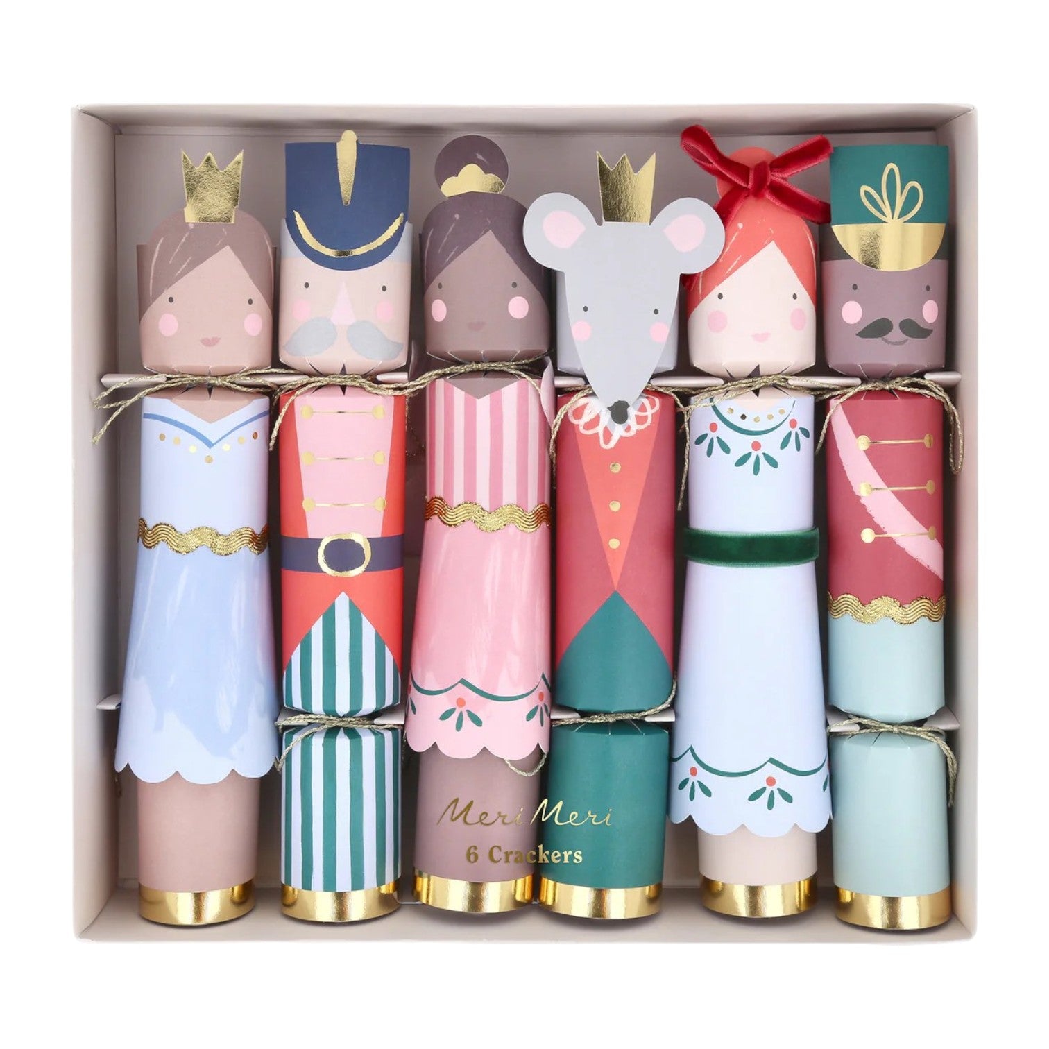 The Nutcracker Ballet Crackers by Meri Meri is a boxed set of six festive, embellished Christmas crackers featuring characters like the prince, mouse king, and ballerina—perfect for holiday celebrations.