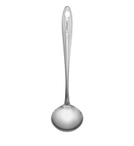 The Cuisinart Stainless Steel Ladle features a long handle and deep bowl, ideal for serving soups. Shown against a white background, this essential kitchen tool is dishwasher safe for easy cleaning.