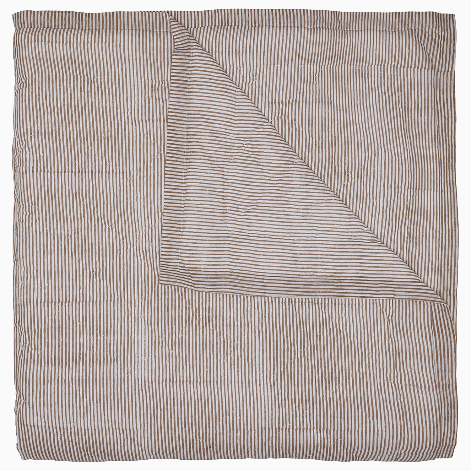 The John Robshaw Nandi Coffee Quilt is a soft cotton voile quilt featuring thin, horizontal brown and white stripes. It's folded to show its reversible design with the same stripe pattern on both sides.