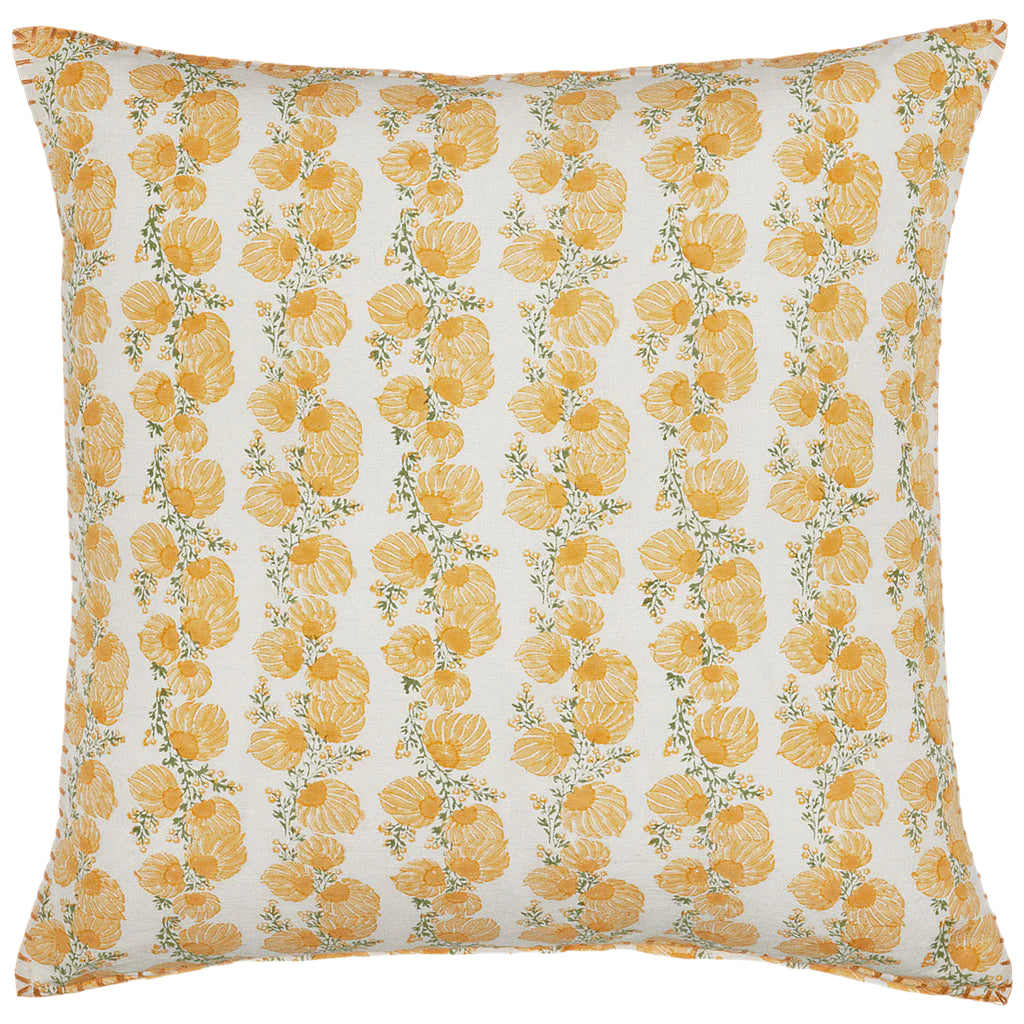 The Mahin Marigold Decorative Pillow by John Robshaw features a white background with marigold yellow flowers and green stems in a block print-inspired, harmonious pattern.