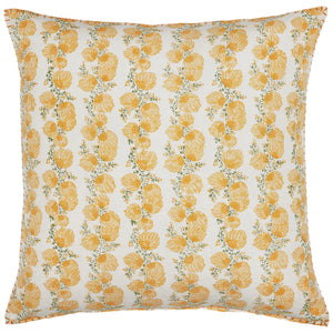 The Mahin Marigold Decorative Pillow by John Robshaw features a white background with marigold yellow flowers and green stems in a block print-inspired, harmonious pattern.