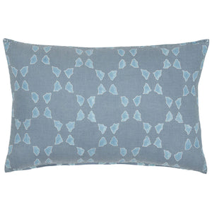 The Lata Mist Kidney Pillow by John Robshaw features a rectangular blue design with small, light blue abstract shapes block printed and evenly arranged on organic fabric.