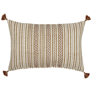 The Bhuv Sand Kidney Pillow by John Robshaw features beige and brown vertical stripes, central red geometric embroidery, and decorative tassels on each corner.