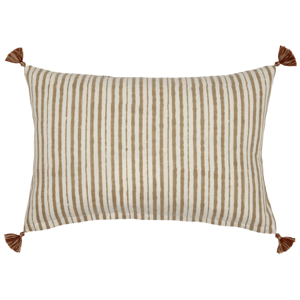 The John Robshaw Bhuv Sand Kidney Pillow features vertical beige and white embroidered stripes and decorative tassels on each corner.