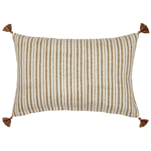 The John Robshaw Bhuv Sand Kidney Pillow features vertical beige and white embroidered stripes and decorative tassels on each corner.