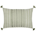The John Robshaw Bhuv Sage Kidney Pillow features green vertical embroidery, a central geometric design, and green tassels at each corner.