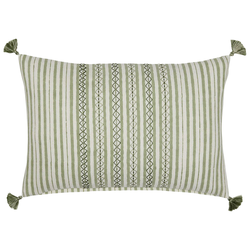 The John Robshaw Bhuv Sage Kidney Pillow features green vertical embroidery, a central geometric design, and green tassels at each corner.