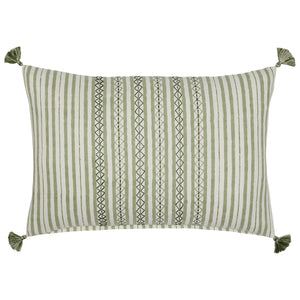 The John Robshaw Bhuv Sage Kidney Pillow features green vertical embroidery, a central geometric design, and green tassels at each corner.