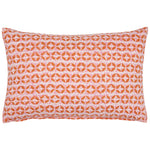 The Ambar Kidney Pillow by John Robshaw is a rectangular lumbar pillow with an orange and white geometric design, made from a linen-cotton blend.