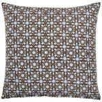 The Kaarik Coffee Euro Sham by John Robshaw features a brown background with a repeating light blue and white floral pattern, crafted from soft organic cotton for comfort and durability.
