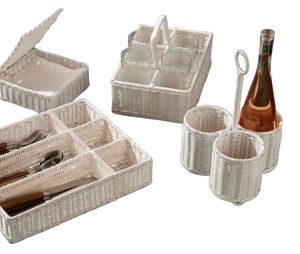 The Micaela White Rattan Serveware Collection by Blue Pheasant features organizers for utensils, plates, glasses, and a wine bottle with cups—offering stylish practicality to any gathering.