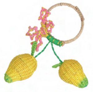 The Mango Napkin Ring by Mercedes Salazar features a woven design with two yellow, lemon-shaped ornaments and pink and green accents—perfect for tropical-themed parties or adding a vacation vibe to your table.