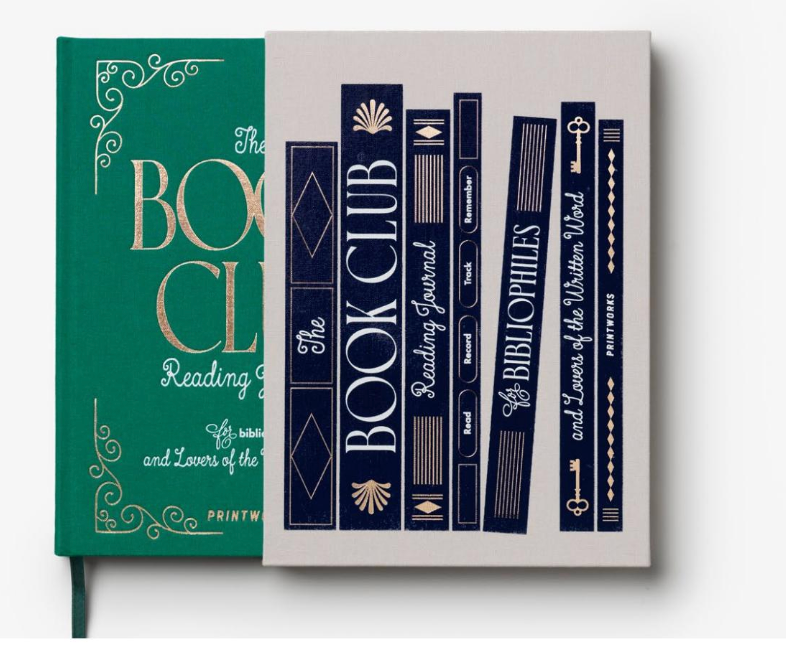 Two hardcover "Book Club Reading Journal" books by PrintWorks—one green, one beige—with decorative, book-themed designs; ideal for tracking your reading progress and writing reviews.